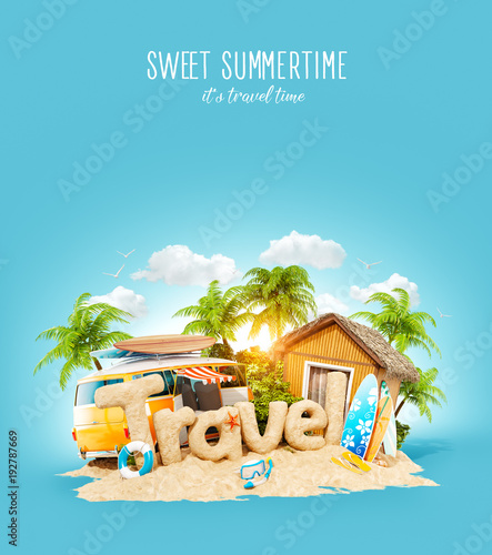 The word Travel made of sand on tropical island. Unusual 3d illustration of s...