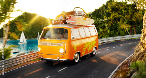Cute little retro car with suitcases and surf on top goes by the road along b...