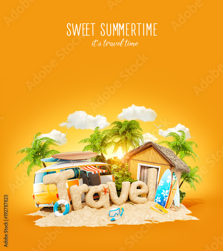 The word Travel made of sand on tropical island. Unusual 3d illustration of s...