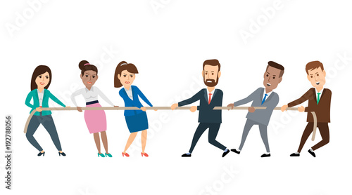 businessmen and businesswomen pulling rope