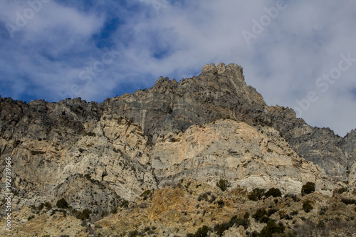 1/15/2018-Provo,UT/USA-mountain peaks up rock canyon on the wasatch mountain range from crag to snow whisped summits