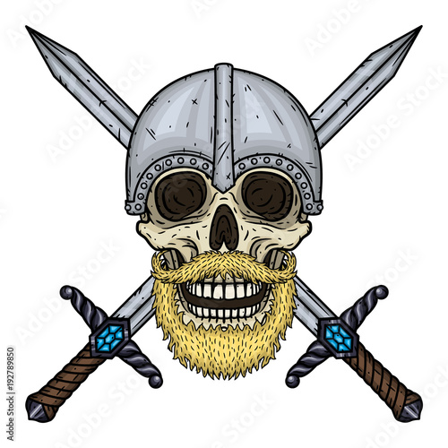 Skull with beard, crossed swords and helmet. Cartoon skull. Vector hand draw illustration.