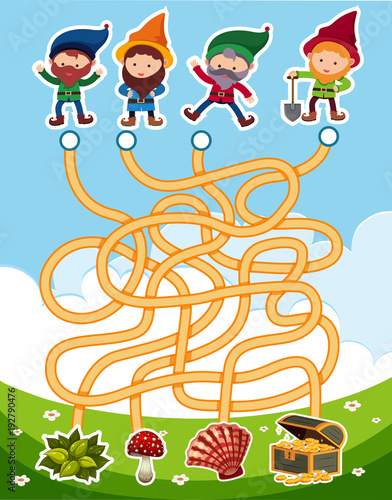 Puzzle game template with four dwarfs