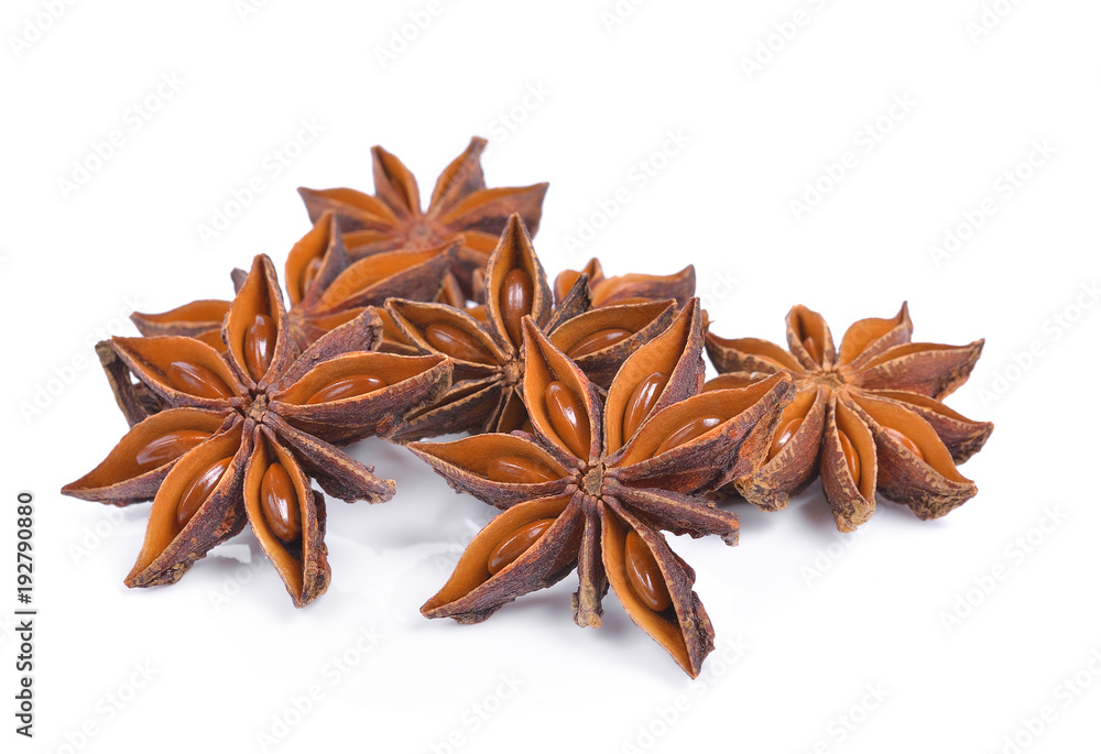 Star anise spice fruits and seeds isolated on white background Star anise spice fruits and seeds isolated on white background