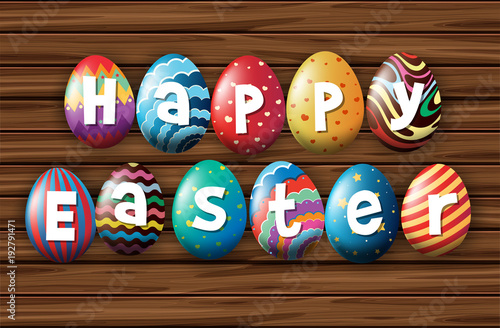 Happy easter with colorful eggs on wooden board