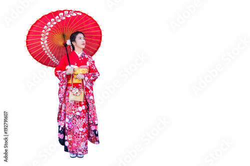 Photo Asian woman wearing japanese traditional kimono on white background