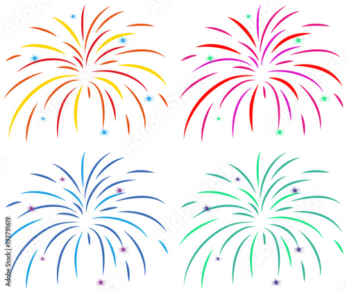 Different colors of fireworks on white background