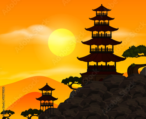 Background scene with silhouette building at sunset
