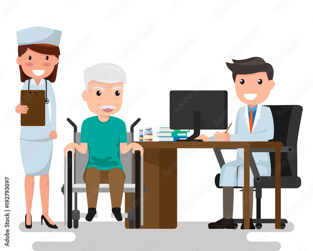 Doctor and older man patient in flat style isolated on white background. Consultation and medical diagnosis. Medicine concept with practitioner and medical healthcare vector illustration. Doctor and older man patient in flat style isolated on white background. Consultation and medical diagnosis. Medicine concept with practitioner and medical healthcare vector illustration.