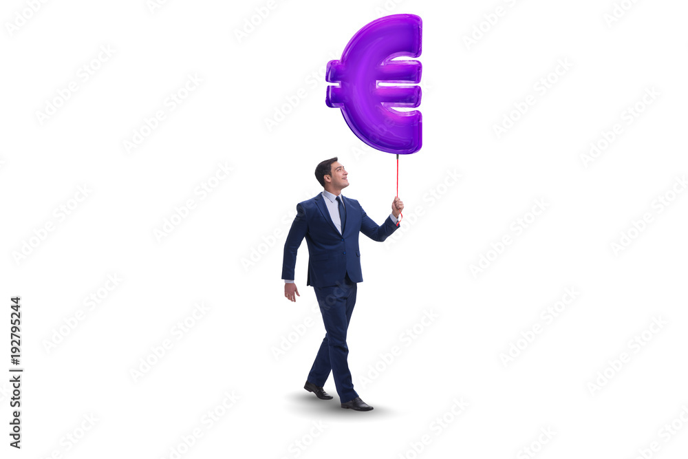 Businessman walking with inflatable euro sign isolated on white Businessman walking with inflatable euro sign isolated on white