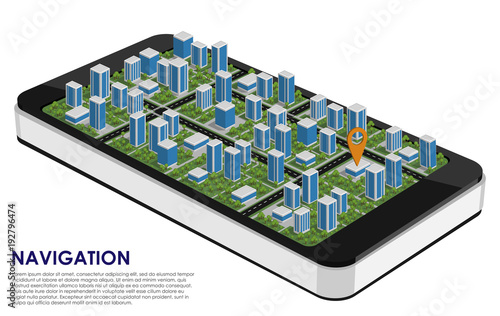 Smartphone 3d with a city and a navigation pointer on the white background. Mobile navigation. Urban navigation. Place for text.