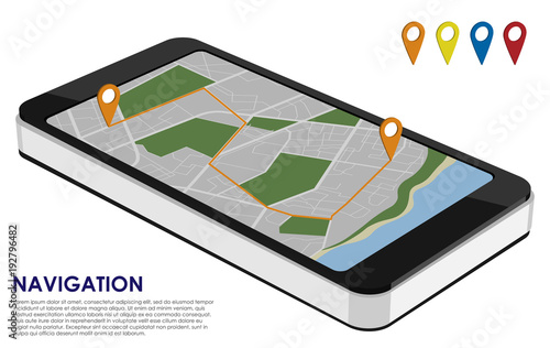 Isometric smartphone with city map for urban navigation with route and 4 signs on the white background. Place for text.