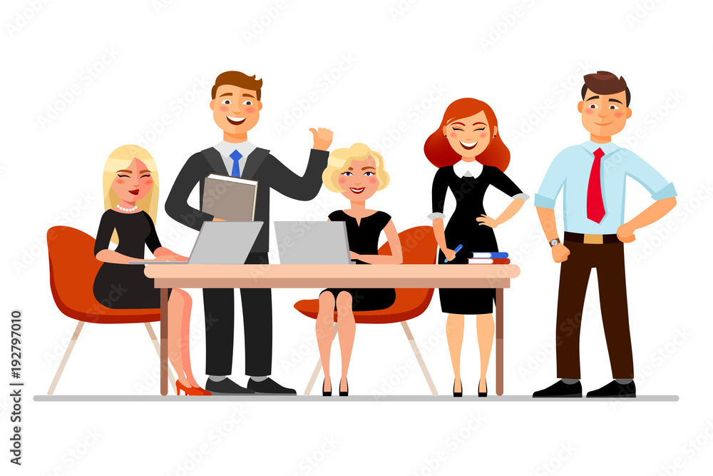 Business people at the meeting isolated on white background. Vector illustration in cartoon flat style. Business people at the meeting isolated on white background. Vector illustration in cartoon flat style.