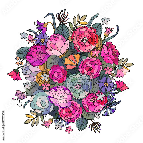 Hand painted watercolor vintage bouquet, flowers and leaves