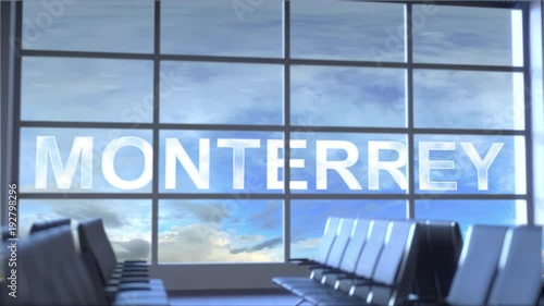 Commercial airplane landing at Monterrey international airport. Travelling to Mexico conceptual intro animation photo