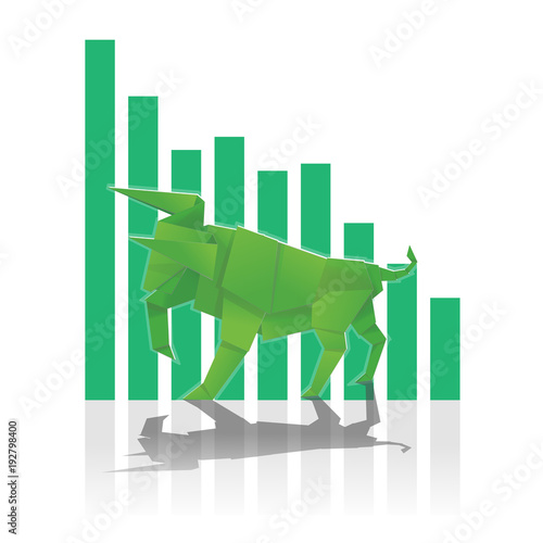 Bull Paper art with Green bar chart for stock market vector and illustration
