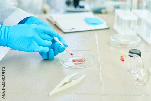 Unrecognizable talented scientist standing at laboratory bench and wrapped up in project of in vitro meat creation, close-up shot