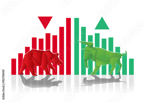 Bull and Bear Paper art with Green and Red bar chart and arrow for stock market vector and illustration