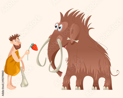 Caveman and mammoth. Ice age.