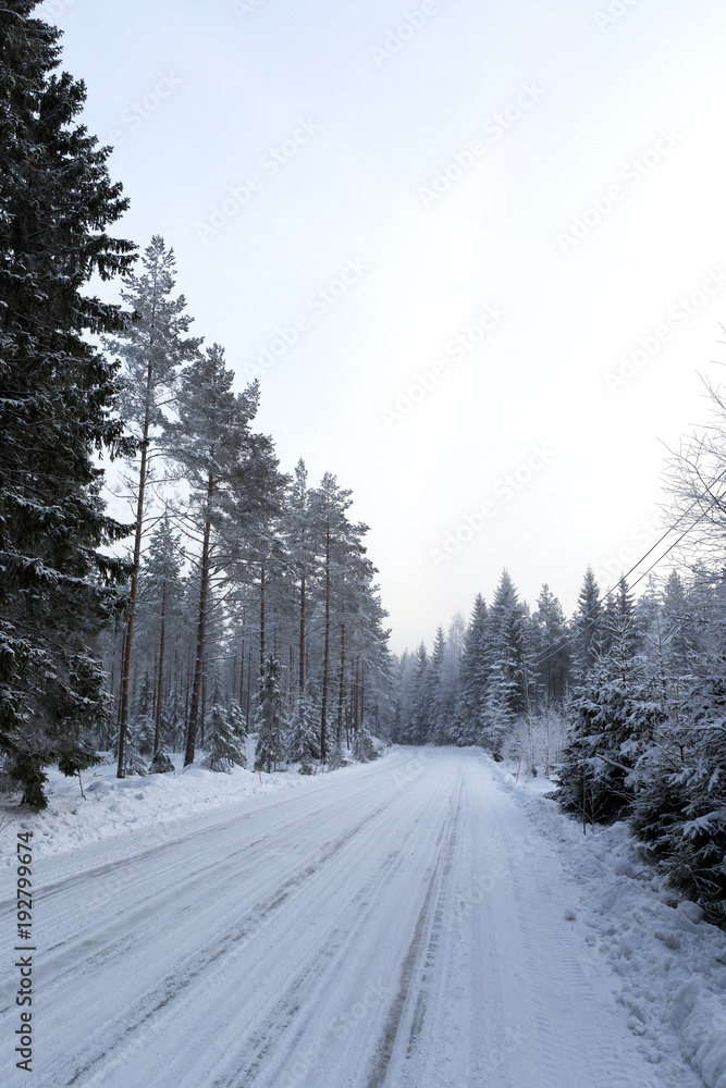Fototapeta premium Snow covered road in the countryside in Finland.