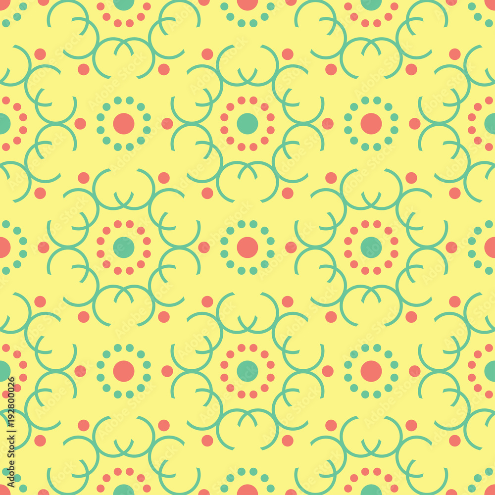Geometric yellow seamless pattern. Colored background with pink and green design Geometric yellow seamless pattern. Colored background with pink and green design