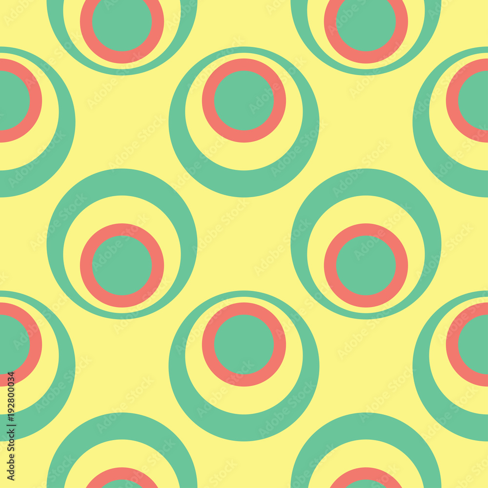 Seamless background with geometric shaped elements. Bright yellow background with pink and green design