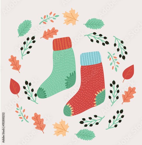 November, bright fall leaves, socks, rowan and lettering composition