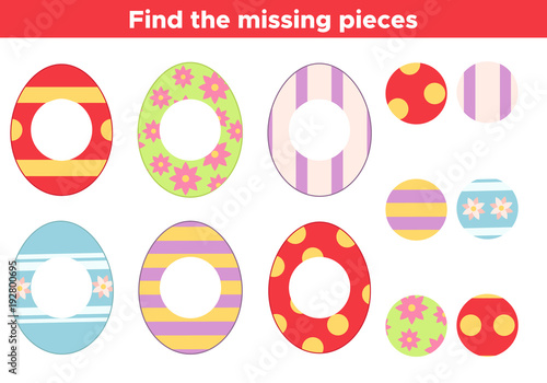 Educational Easter game for kids. Find the missing pieces, colorful Easter eggs. Printable activity worksheet. Vector illustration. activitybackgroundcartoonchildrencirclecolorfuldecoratedecorationdes