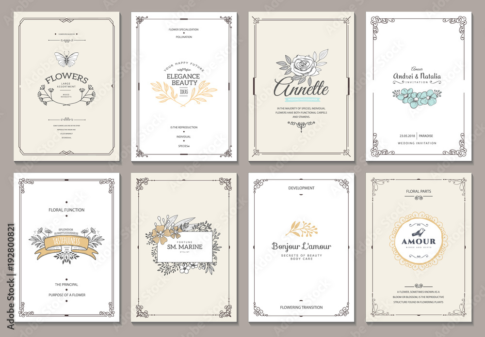 Vintage creative cards template with beautiful flourishes ornament elements. Elegant design for corporate identity, invitation, book covers. Design of background products.