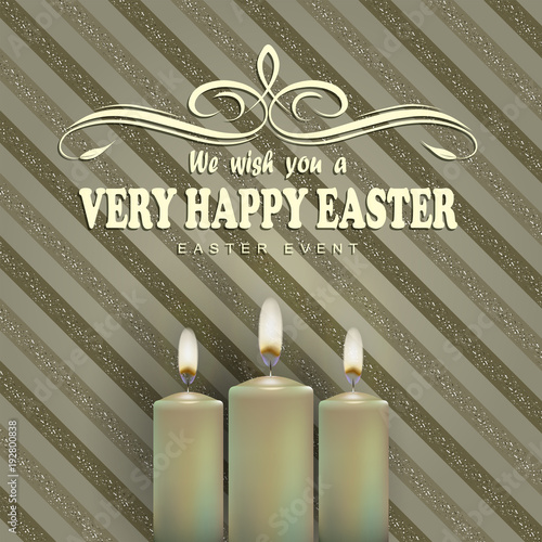 beige striped background with candles and text of a happy easter card