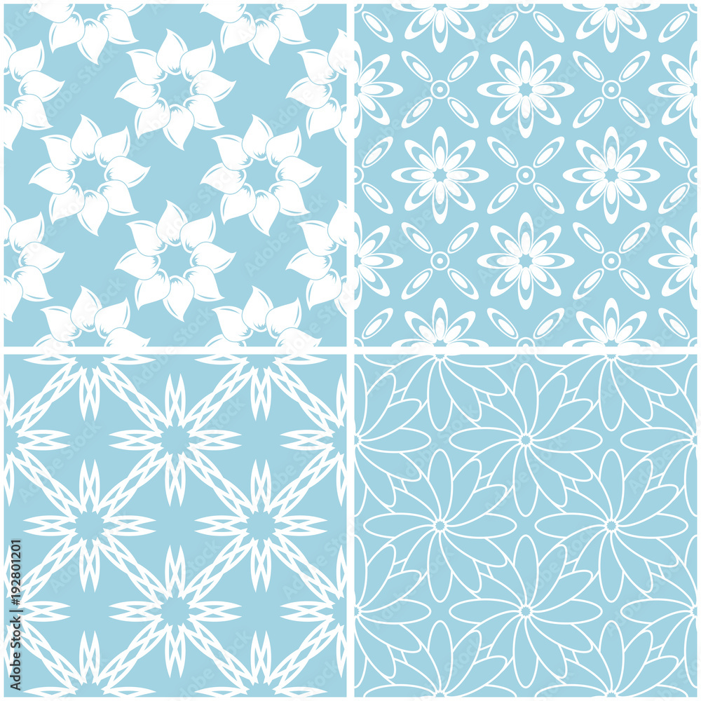 Floral patterns. Set of blue and white seamless backgrounds Floral patterns. Set of blue and white seamless backgrounds
