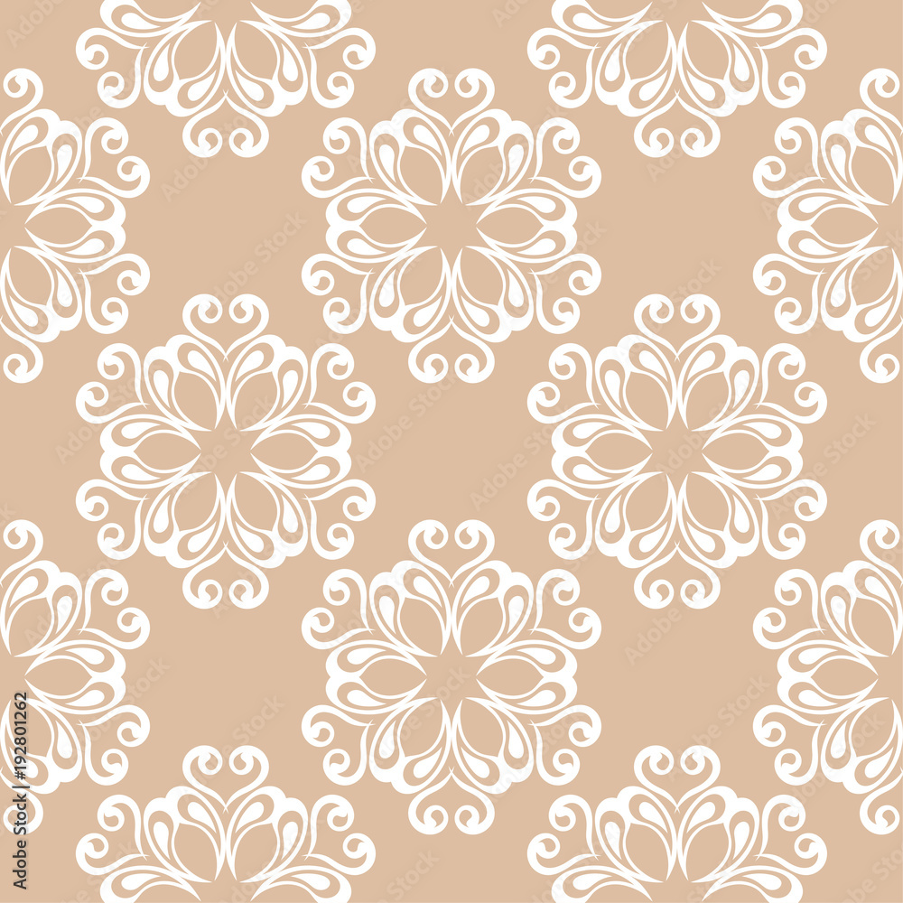 White floral ornament on beige background. Seamless pattern White floral ornament on beige background. Seamless pattern