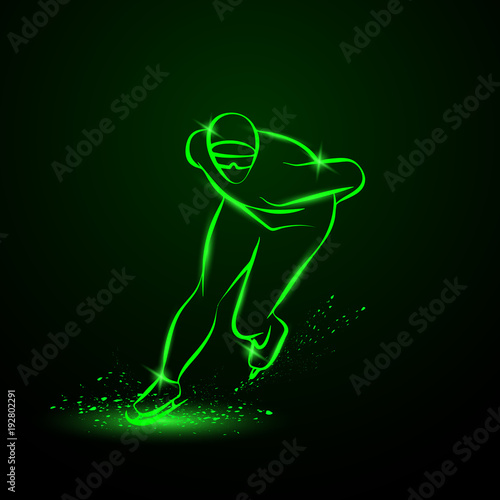 Speed skater. Green neon winter sport illustration.