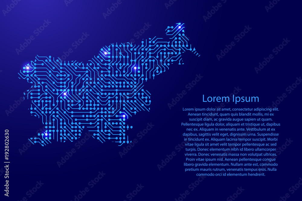 Map Slovenia from printed board, chip and radio component with blue star space on the contour for banner, poster, greeting card, of vector illustration.