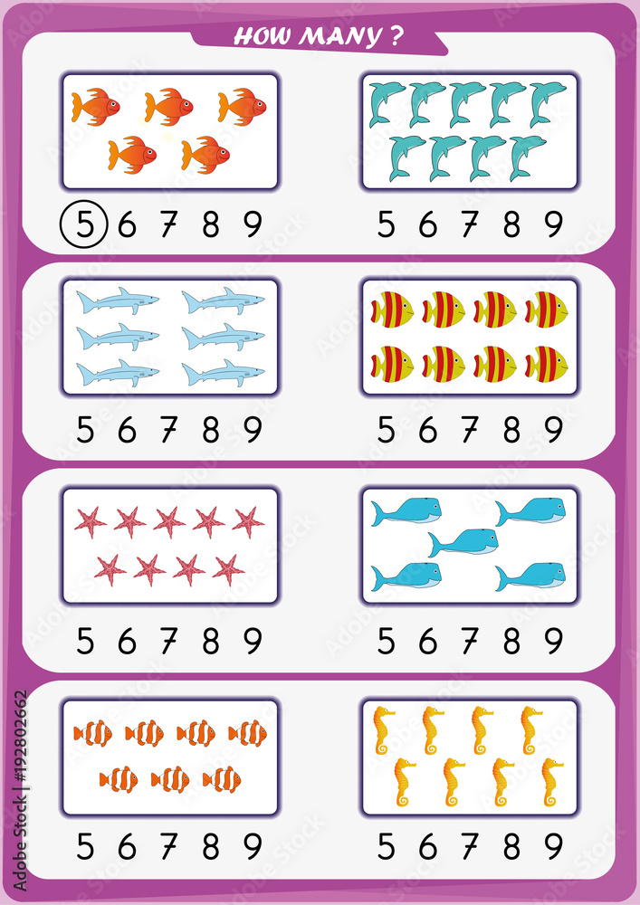 worksheet for kindergarten kids count the number of objects learn the numbers 1 2 3 4 5 6 7 8 9 stock vector adobe stock