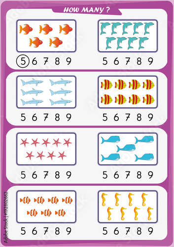 worksheet for kindergarten kids, Count the number of objects, Learn the numbers 1, 2, 3, 4, 5, 6, 7 8 9