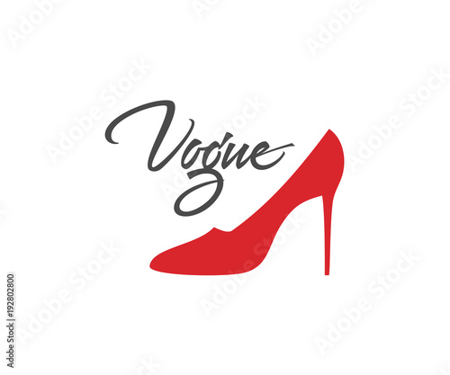 Vogue logo design. Red shoe on heel icon. Vector sign lettering. Logotype calligraphy