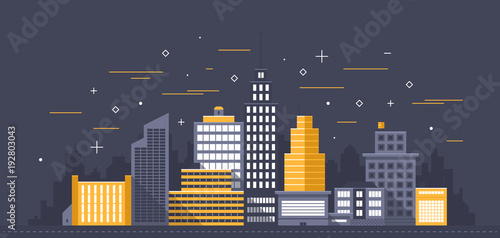 City illustration. Towers and buildings in modern flat style on dark background