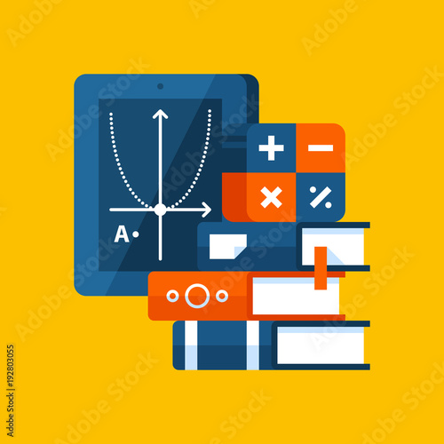 Colorful illustration about algebra in modern flat style. College subject icon on yellow background. Books, mathematical symbols, tablet.