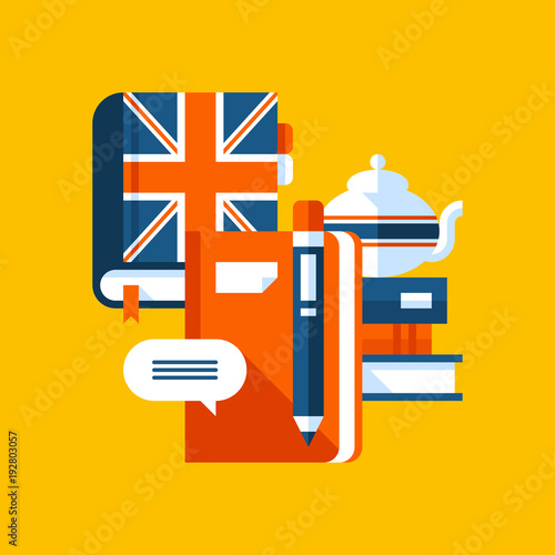 Colorful illustration about English in modern flat style. College subject icon on yellow background. Books, notebook, white teapot.
