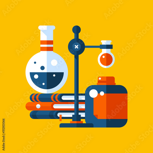 Colorful illustration about chemistry in modern flat style. College subject icon on yellow background. Books, flacks and bulbs. photo