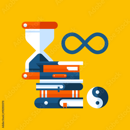 Colorful illustration about philosophy in modern flat style. College subject icon on yellow background. Hourglass, books, philosophical symbols.