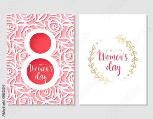 Fototapeta Naklejka Na Ścianę i Meble -  Floral coral set of greeting cards for 8 March. International Women's day. Pattern with roses. Paper cut design. Gold floral branch and pink text. Vector illustration. 8 March