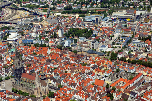 Closer Aerial view of Ulm Minster (Ulmer Münster) and Ulm, south germany on a sunny summer day
