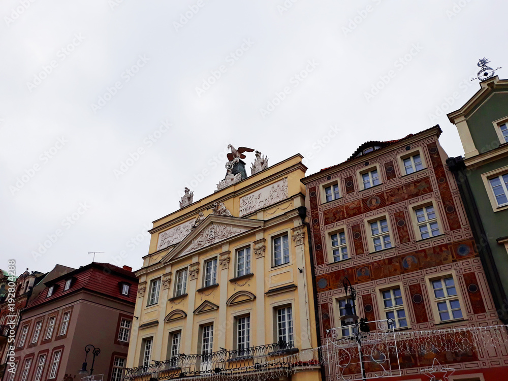 Poznan, Poland - December 02, 2017: Old Market Square architecture with colorful buildings