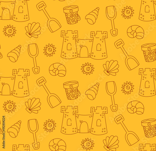 Summer beach toys and sand castle seamless vector pattern