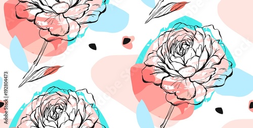 Hand drawn vector abstract creative unusual seamless pattern with graphic peony flower in pastel colors.Hand made drawing textures.Wedding,anniversary,birthday,invitations,fashion fabrics,decoration.