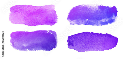 Set of hand painted watercolor textured backgrounds isolated on white. Collection of violet and blue brush strokes.