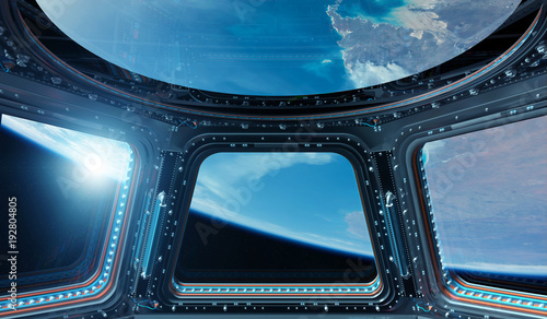 Fototapeta Naklejka Na Ścianę i Meble -  View of planet Earth from a space station window 3D rendering elements of this image furnished by NASA
