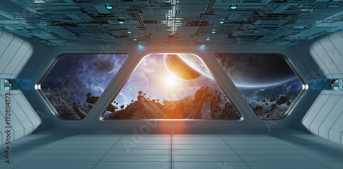 Fototapeta Naklejka Na Ścianę i Meble -  Spaceship futuristic grey blue interior with view on exoplanet